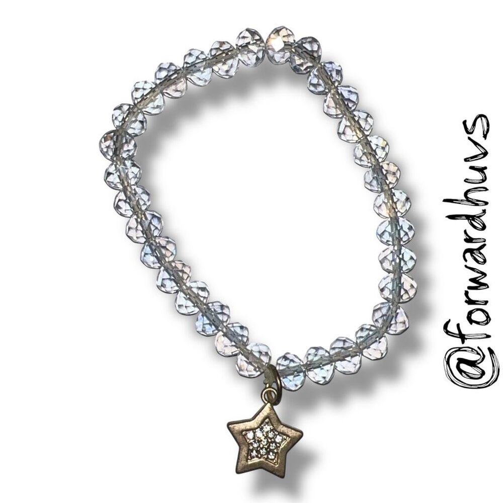 Clear Faceted Bead Stretch Bracelet Rhinestone Star Charm